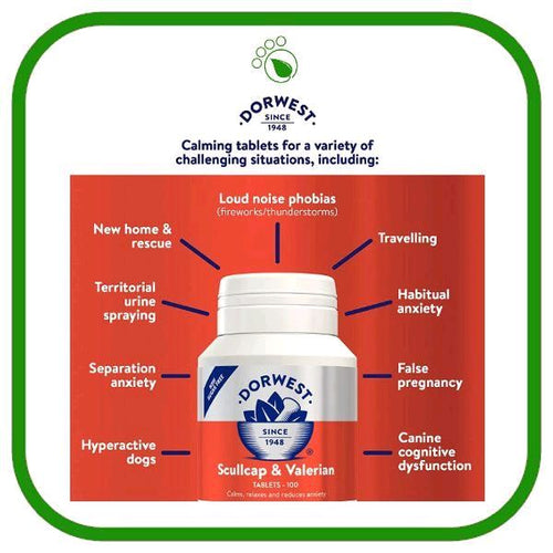 Dorwest Scullcap Valerian Tablets, Anxiety & Calming Supplement for dogs & cats
